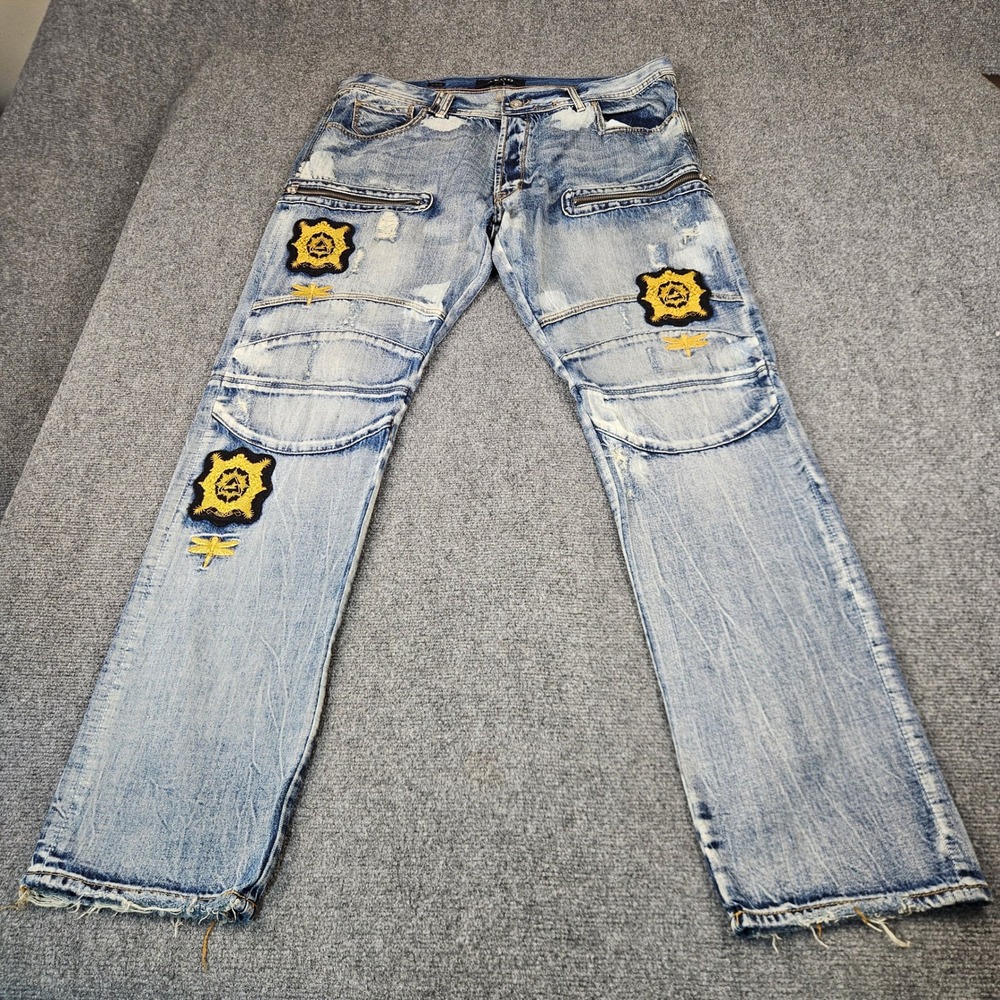 AKOO Big Oak Distressed Jeans Mens Light Wash Embroidered Patch Moto Streetwear